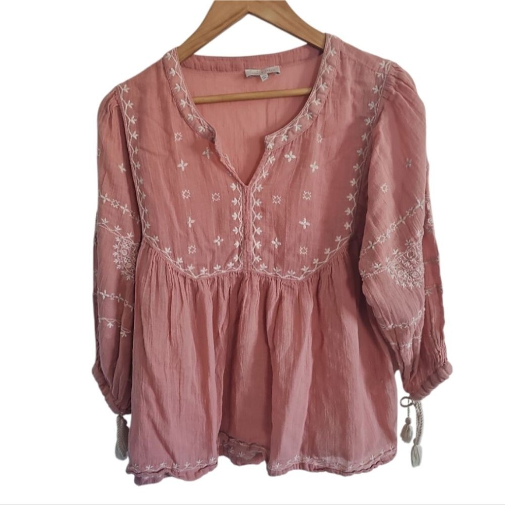 Lucky Brand Pink Embroidered Peasant Blouse